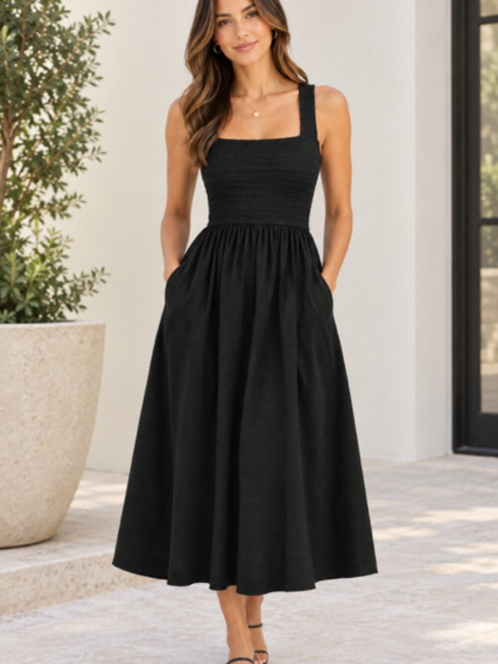 Wayf Black Square-Neck Midi Dress with Wide Straps & pockets